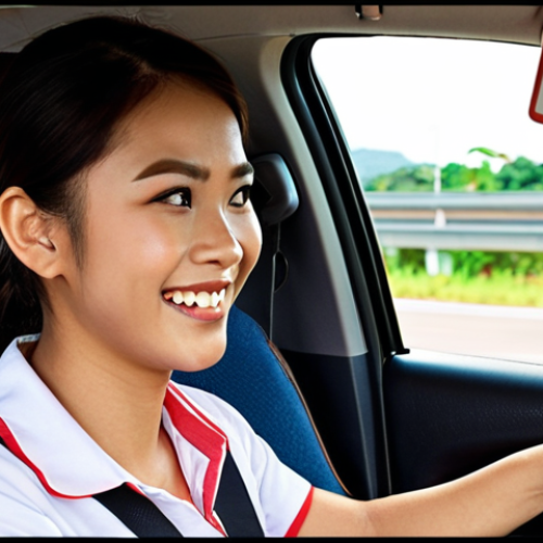 **

"A friendly Thai driving instructor smiles encouragingly at a nervous young woman behind the wheel of a Vios. The setting is a realistic Thai driving test course with visible traffic signs in Thai. The focus is on demonstrating calm and confidence despite the pressure of the practical driving exam."

**