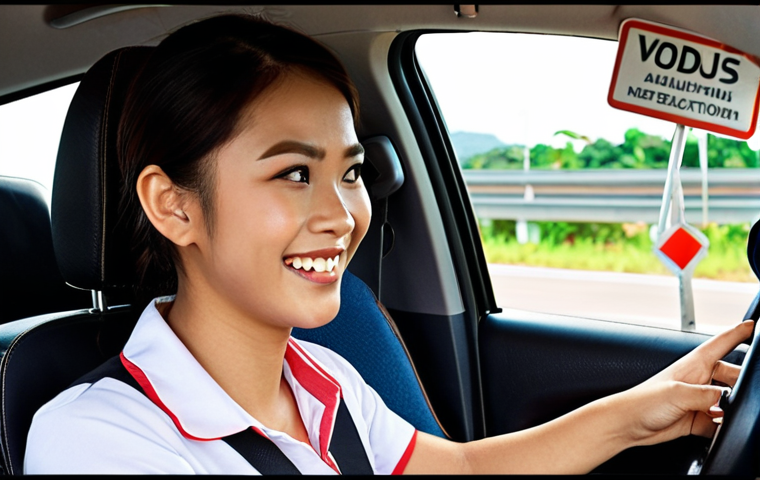 **
"A friendly Thai driving instructor smiles encouragingly at a nervous young woman behind the wheel of a Vios. The setting is a realistic Thai driving test course with visible traffic signs in Thai. The focus is on demonstrating calm and confidence despite the pressure of the practical driving exam."
**