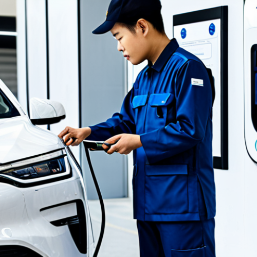 A professional Thai EV Technician, fully clothed in a modest, modern work uniform, meticulously inspecting a sleek electric vehicle at a state-of-the-art charging station in a futuristic, well-lit service center. The background features advanced charging infrastructure and clean design elements. Perfect anatomy, correct proportions, natural pose, well-formed hands, proper finger count, natural body proportions, professional photography, high quality, safe for work, appropriate content, fully clothed, professional, family-friendly.