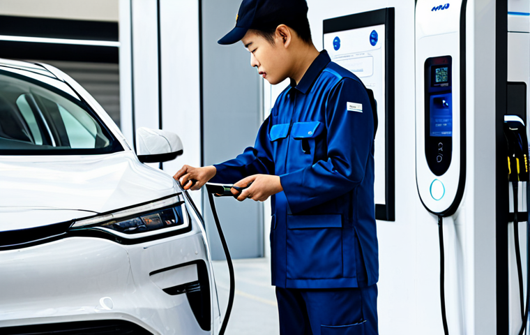 A professional Thai EV Technician, fully clothed in a modest, modern work uniform, meticulously inspecting a sleek electric vehicle at a state-of-the-art charging station in a futuristic, well-lit service center. The background features advanced charging infrastructure and clean design elements. Perfect anatomy, correct proportions, natural pose, well-formed hands, proper finger count, natural body proportions, professional photography, high quality, safe for work, appropriate content, fully clothed, professional, family-friendly.