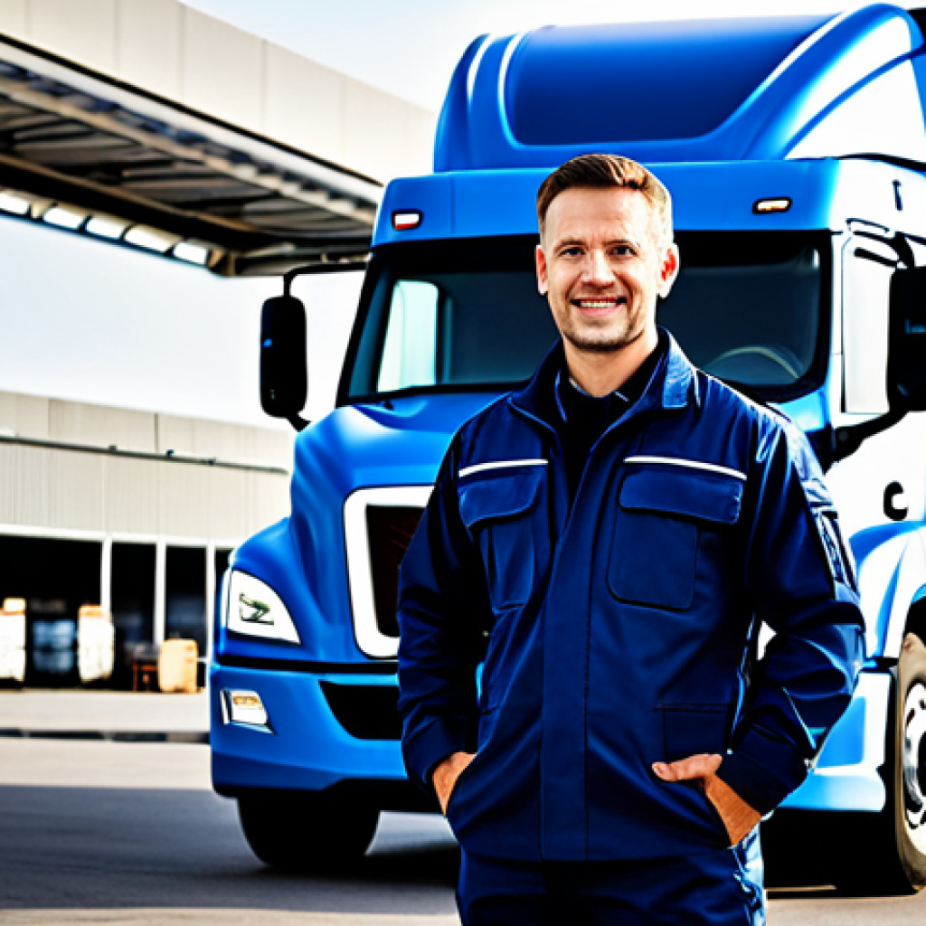 A confident professional driver in a modern, clean uniform, standing beside a state-of-the-art electric heavy-duty truck. The driver is fully clothed in a professional, modest, dark blue and grey uniform, with appropriate safety gear. The background is a bustling, high-tech logistics hub with automated systems, sleek architecture, and elements hinting at cold chain transport and e-commerce packages moving efficiently. Bright, clean, well-lit indoor environment. perfect anatomy, correct proportions, natural pose, well-formed hands, proper finger count, natural body proportions, professional photography, cinematic lighting, ultra detailed, high resolution, safe for work, appropriate content, fully clothed, professional dress, family-friendly.