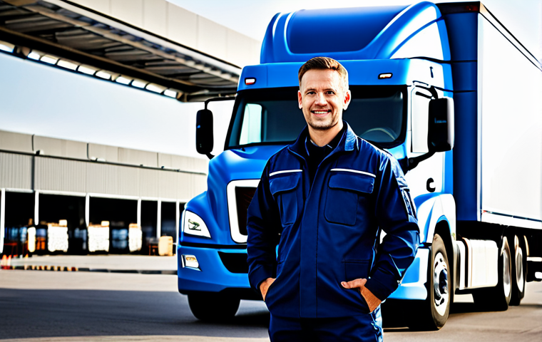 A confident professional driver in a modern, clean uniform, standing beside a state-of-the-art electric heavy-duty truck. The driver is fully clothed in a professional, modest, dark blue and grey uniform, with appropriate safety gear. The background is a bustling, high-tech logistics hub with automated systems, sleek architecture, and elements hinting at cold chain transport and e-commerce packages moving efficiently. Bright, clean, well-lit indoor environment. perfect anatomy, correct proportions, natural pose, well-formed hands, proper finger count, natural body proportions, professional photography, cinematic lighting, ultra detailed, high resolution, safe for work, appropriate content, fully clothed, professional dress, family-friendly.