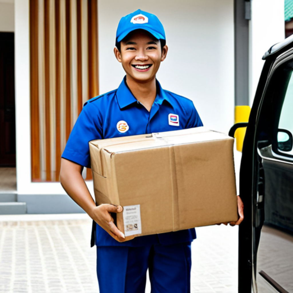 Delivery Driver at Work**
"A professional delivery driver in Thailand, fully clothed in a modest company uniform, smiling and handing a package to a customer at a modern Thai home. Background shows a clean, well-maintained delivery vehicle. Appropriate attire, safe for work, perfect anatomy, natural proportions, professional photography, high quality, family-friendly."
**