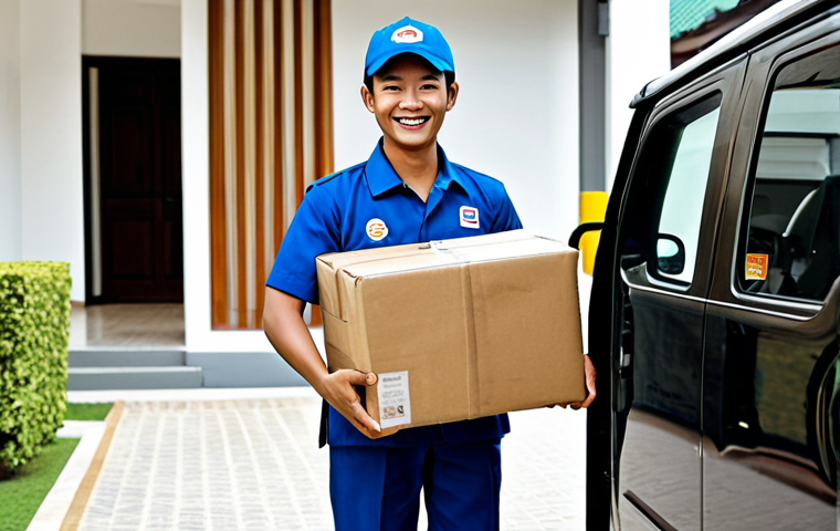 Delivery Driver at Work**
"A professional delivery driver in Thailand, fully clothed in a modest company uniform, smiling and handing a package to a customer at a modern Thai home. Background shows a clean, well-maintained delivery vehicle. Appropriate attire, safe for work, perfect anatomy, natural proportions, professional photography, high quality, family-friendly."
**