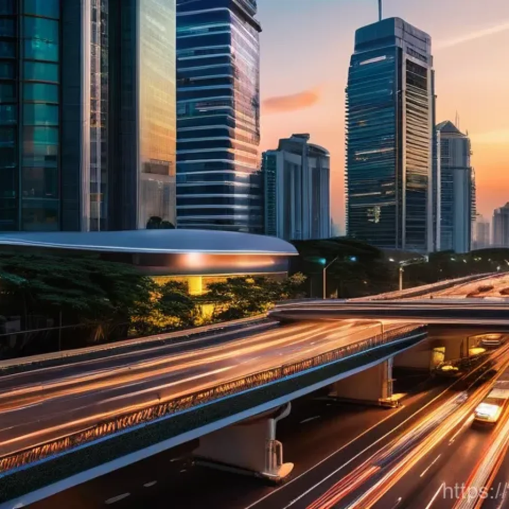 교통관리사 필기시험 전략 공유 - **Prompt:** "A vibrant, futuristic Bangkok city intersection at sunset, showcasing an intelligent tr...