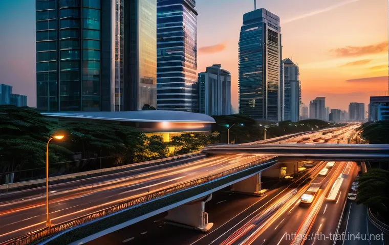 교통관리사 필기시험 전략 공유 - **Prompt:** "A vibrant, futuristic Bangkok city intersection at sunset, showcasing an intelligent tr...