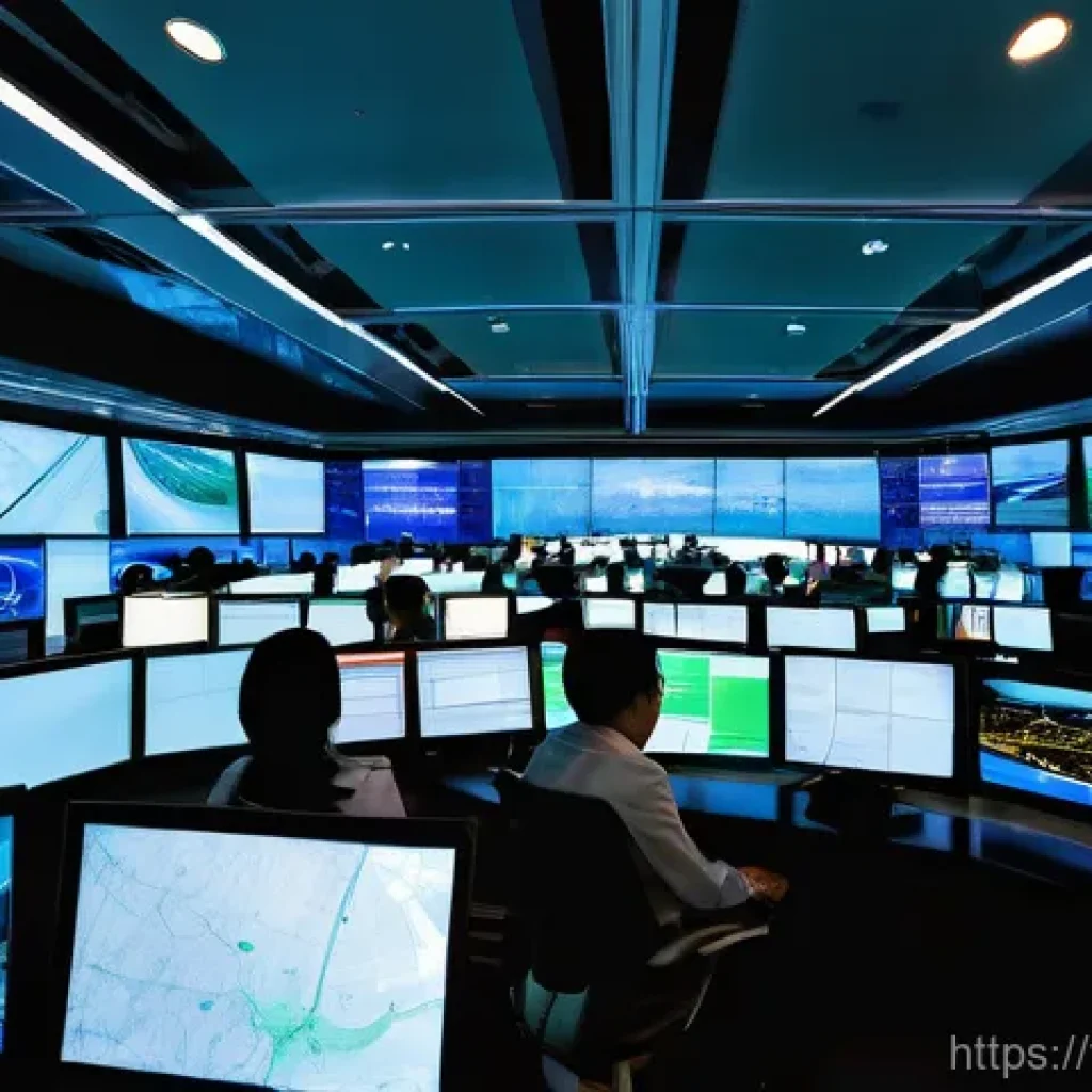 교통직 실무와 자격증 연관성 - **Prompt:** A dynamic, high-angle shot showcasing a bustling, high-tech traffic control center in a ...