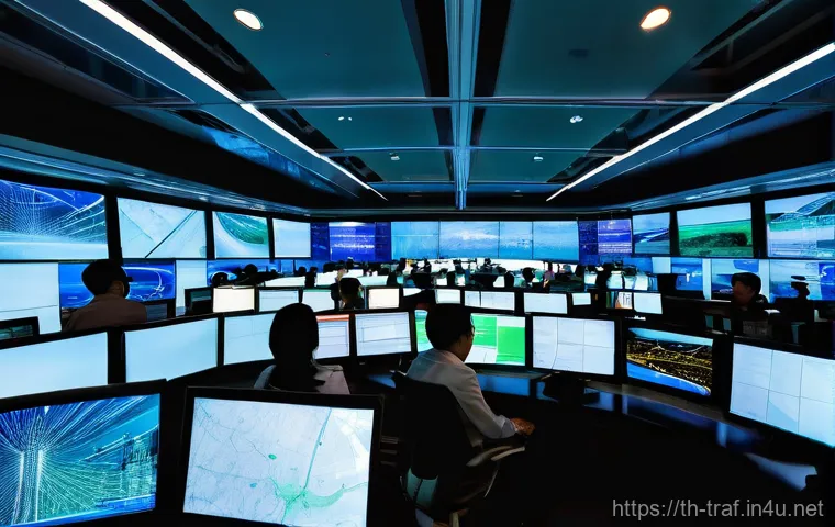 교통직 실무와 자격증 연관성 - **Prompt:** A dynamic, high-angle shot showcasing a bustling, high-tech traffic control center in a ...