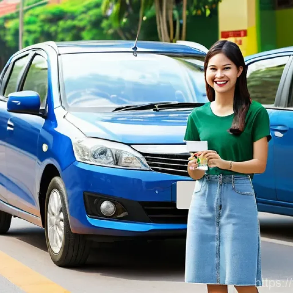 교통 관련 자격증의 종류와 장점 - A cheerful young Thai woman, in her early twenties, stands beside a modern, compact car on a bright,...