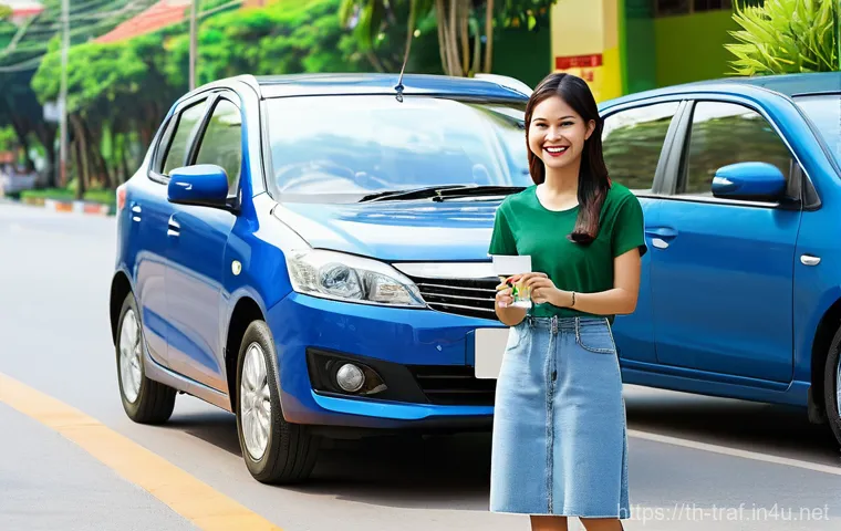 교통 관련 자격증의 종류와 장점 - A cheerful young Thai woman, in her early twenties, stands beside a modern, compact car on a bright,...