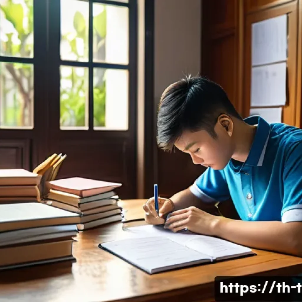 교통직 시험 준비 전략 - A focused Thai government exam candidate studying at a neat wooden desk in a quiet room, surrounded ...