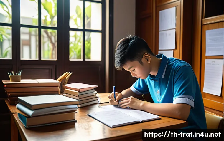 교통직 시험 준비 전략 - A focused Thai government exam candidate studying at a neat wooden desk in a quiet room, surrounded ...
