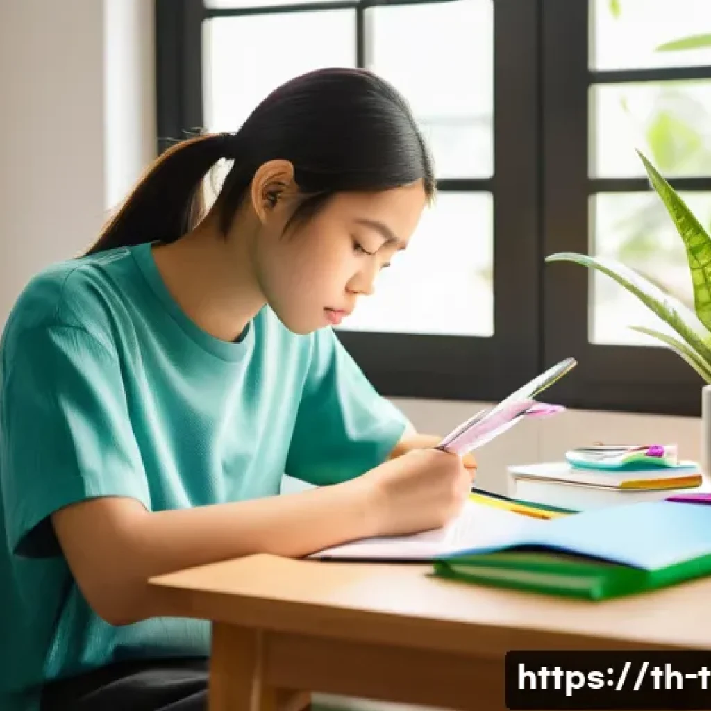 교통관리사 필기시험 단기 합격법 - A focused Thai student sitting at a tidy wooden desk in a quiet, sunlit corner of a modern home, sur...
