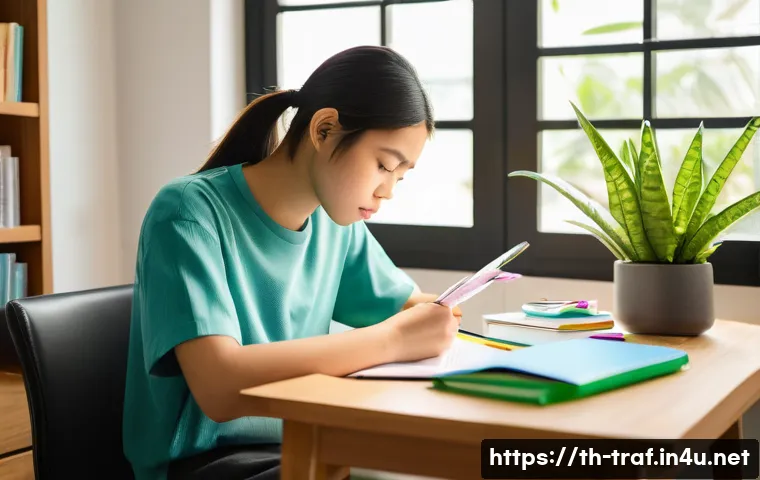 교통관리사 필기시험 단기 합격법 - A focused Thai student sitting at a tidy wooden desk in a quiet, sunlit corner of a modern home, sur...