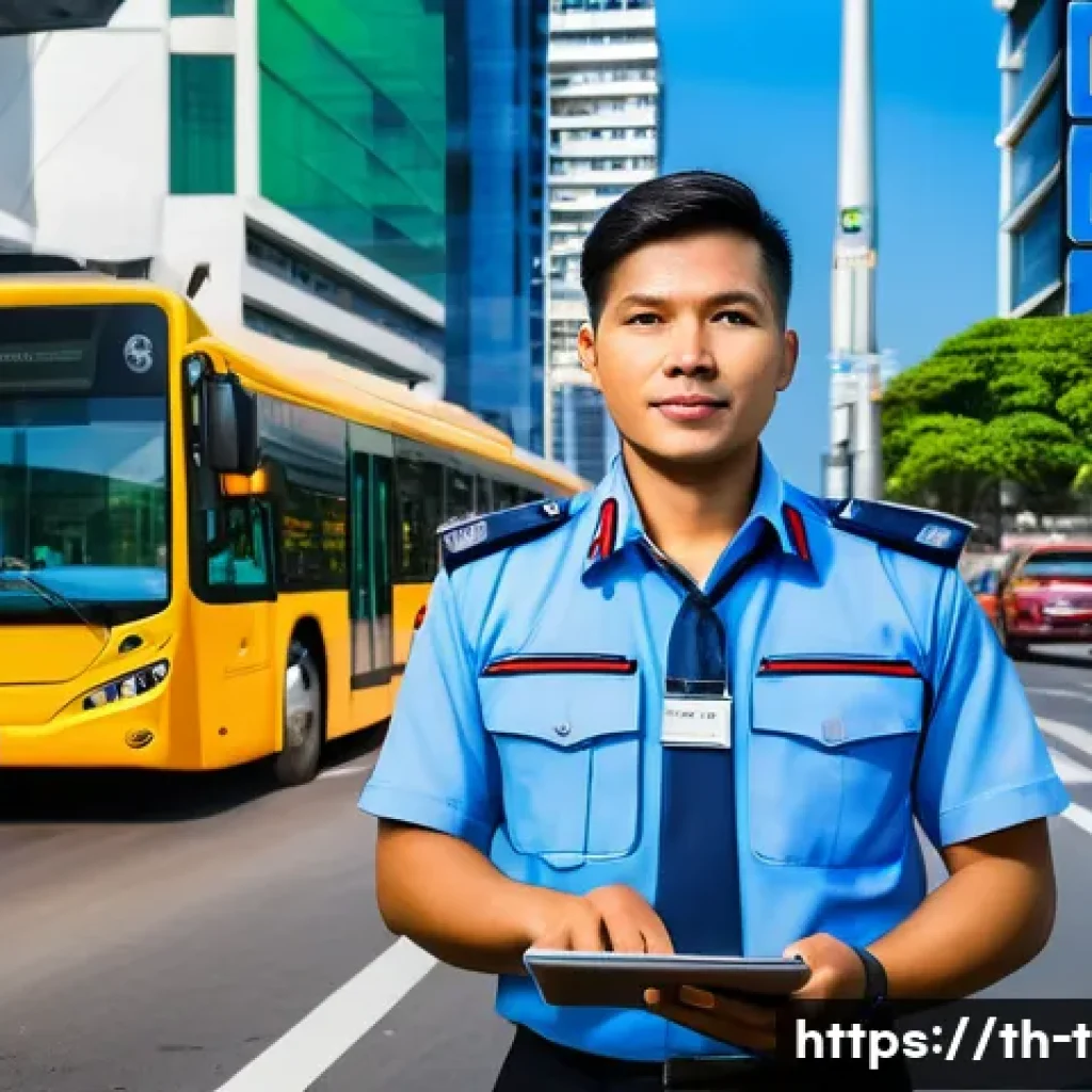 교통직 공무원 전망 - A modern Thai transportation officer in a professional uniform, using advanced digital tools such as...