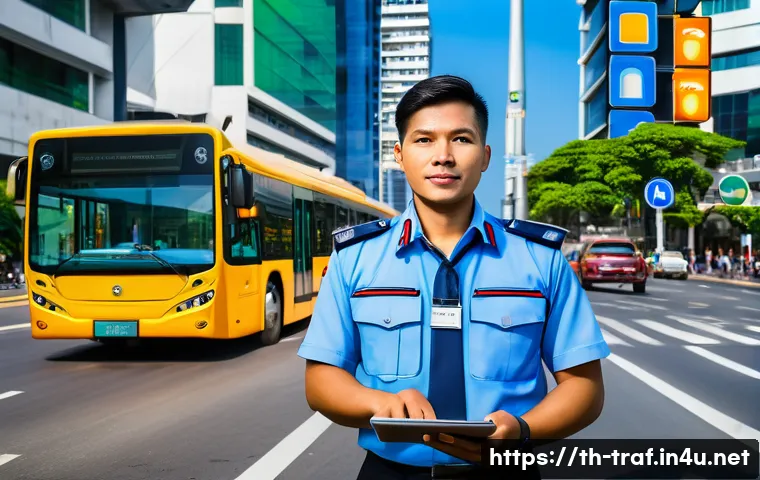 교통직 공무원 전망 - A modern Thai transportation officer in a professional uniform, using advanced digital tools such as...