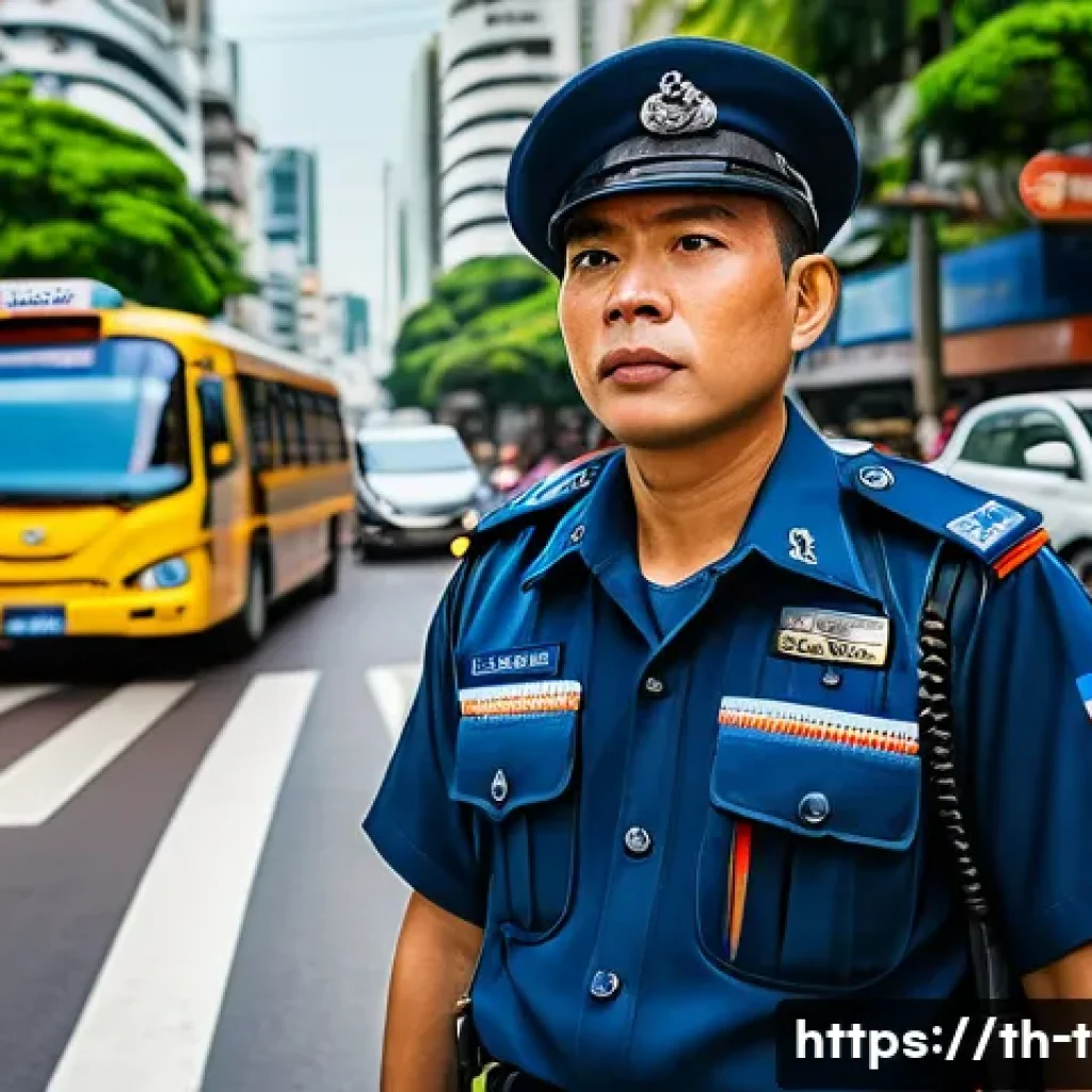 교통 관련 업무 스트레스 관리 - A detailed scene of a Thai traffic officer efficiently managing a busy urban intersection during rus...