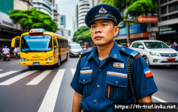 교통 관련 업무 스트레스 관리 - A detailed scene of a Thai traffic officer efficiently managing a busy urban intersection during rus...