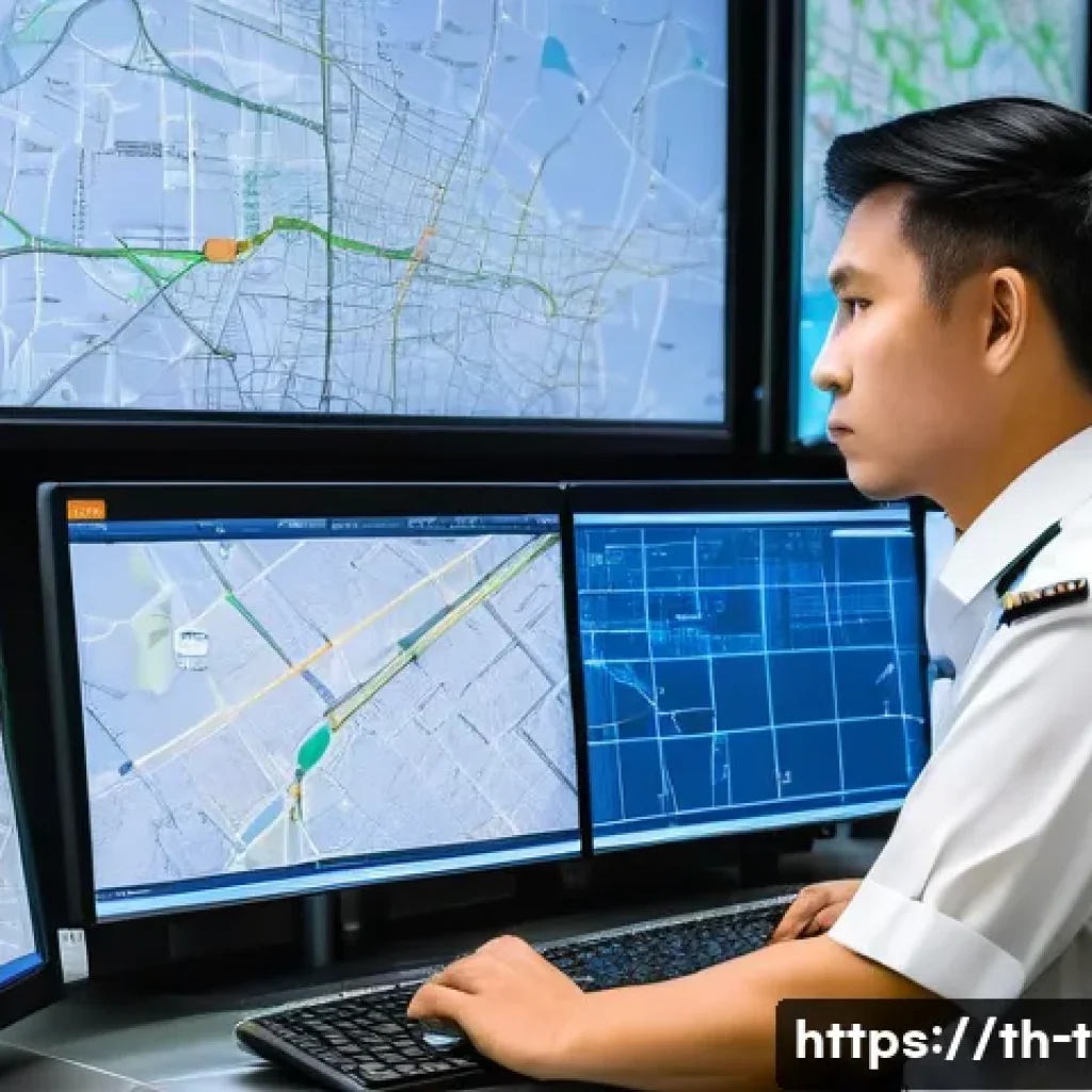 교통직 실무자의 일상 이야기 - A detailed scene of a modern logistics control room in Bangkok, Thailand, showing a transportation o...