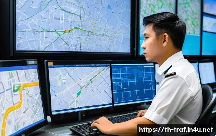 교통직 실무자의 일상 이야기 - A detailed scene of a modern logistics control room in Bangkok, Thailand, showing a transportation o...