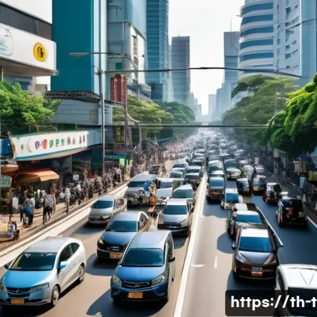 교통관련 공학과 자격증 연계성 - A bustling urban street scene in Bangkok during rush hour, showing diverse road users including cars...