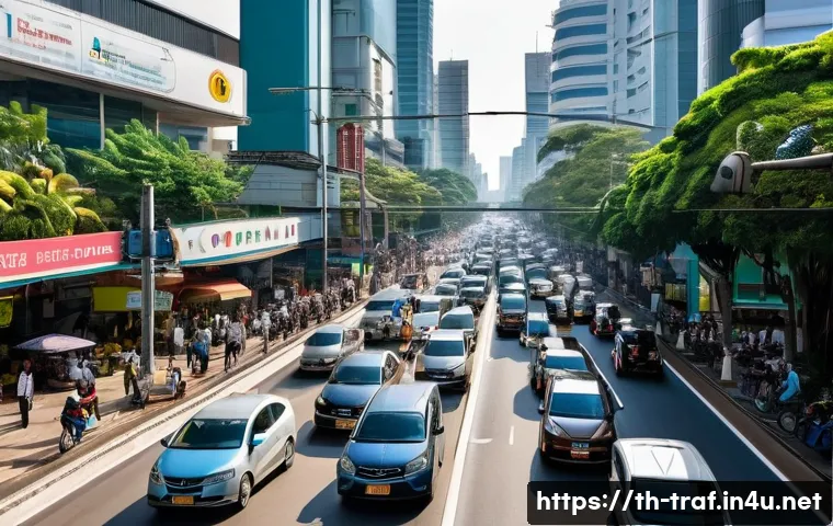 교통관련 공학과 자격증 연계성 - A bustling urban street scene in Bangkok during rush hour, showing diverse road users including cars...