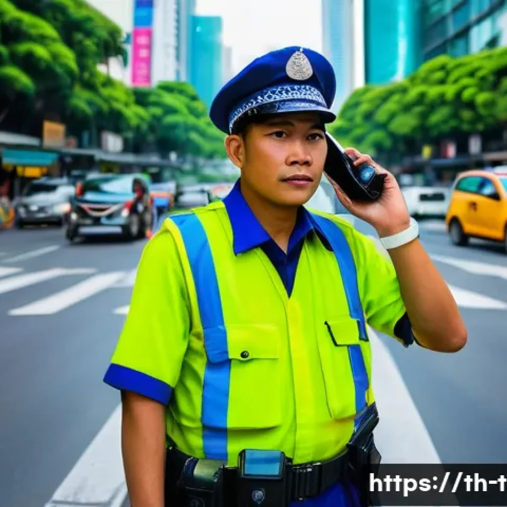 교통직 필수 역량과 기술 - A detailed scene of a Thai traffic officer standing at a busy urban intersection in Bangkok during t...