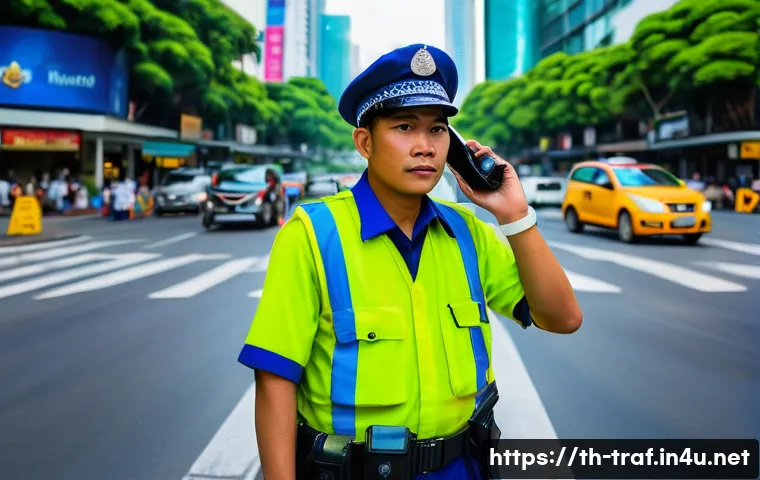 교통직 필수 역량과 기술 - A detailed scene of a Thai traffic officer standing at a busy urban intersection in Bangkok during t...