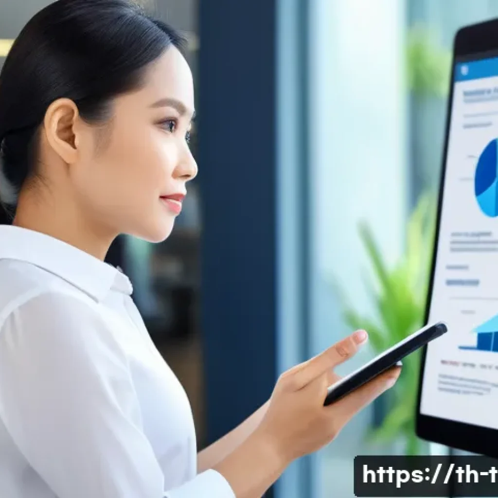교통직 이직 후 커리어 변화 사례 - A professional Thai woman in business casual attire, confidently presenting a career plan on a digit...