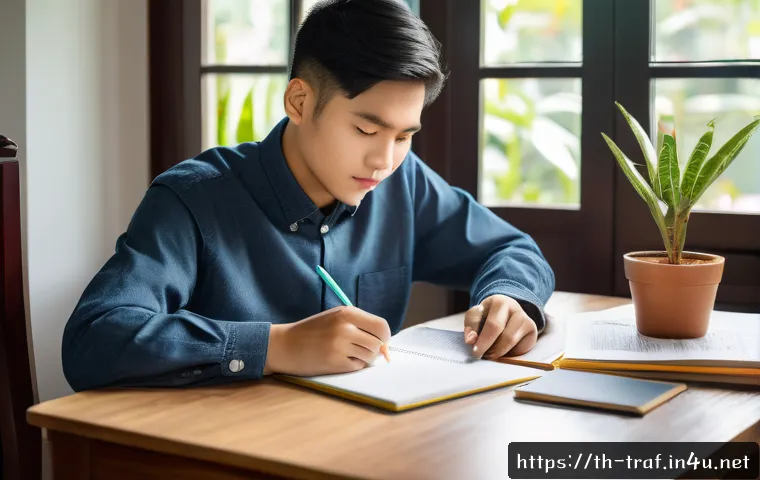 교통직 필기시험 고득점 준비 사례 - A focused Thai student sitting at a wooden desk with textbooks and notes on transportation law and m...
