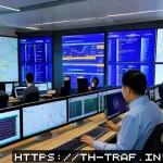 Home 22 교통직 경력 관리를 위한 조언 - A modern logistics control room featuring a diverse team of delivery professionals wearing smart cas...