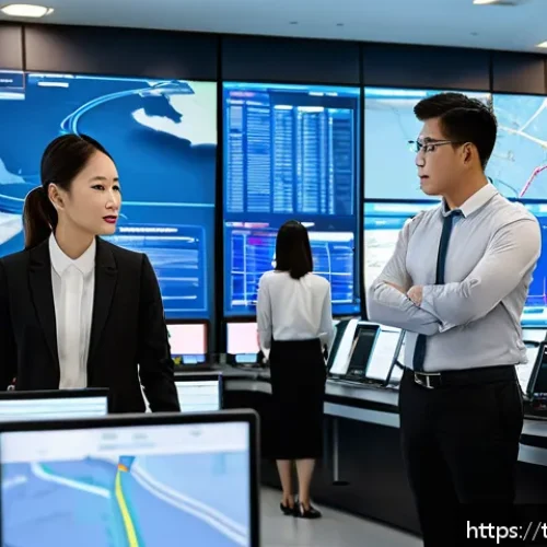Home 30 교통업계 경력 관리 - A modern logistics control room showing a diverse team of professionals—men and women wearing busine...