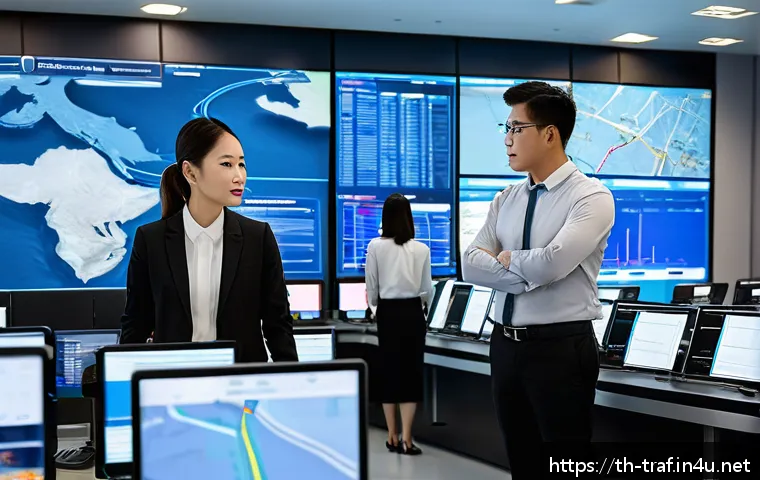 교통업계 경력 관리 - A modern logistics control room showing a diverse team of professionals—men and women wearing busine...
