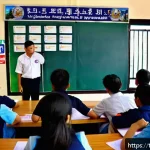 Home 23 교통직 자격증 취득 비용 분석 - A detailed scene showing a Thai driving school classroom with adult students attentively learning tr...