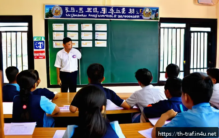 교통직 자격증 취득 비용 분석 - A detailed scene showing a Thai driving school classroom with adult students attentively learning tr...