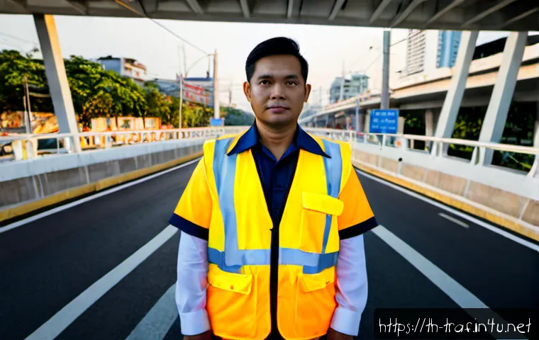 교통직 커리어 성공 사례 - Photorealistic Thai traffic engineer in a crisp professional uniform and reflective safety vest, sta...