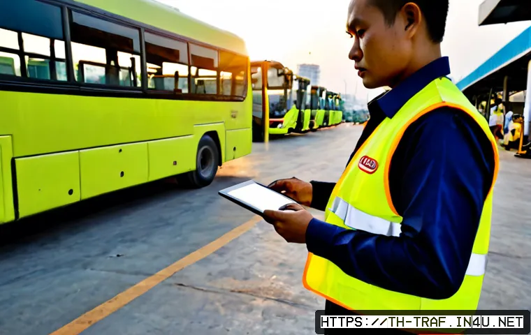 Home 17 교통업계 실무자의 하루 - Photorealistic early morning scene of a Thai public transport operations coordinator reviewing vehic...