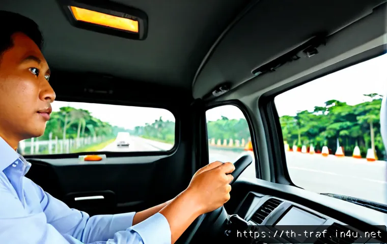 교통관련 자격증 실기시험 후기 - Photorealistic Thai commercial driving practical test scene, a focused adult candidate in modest col...