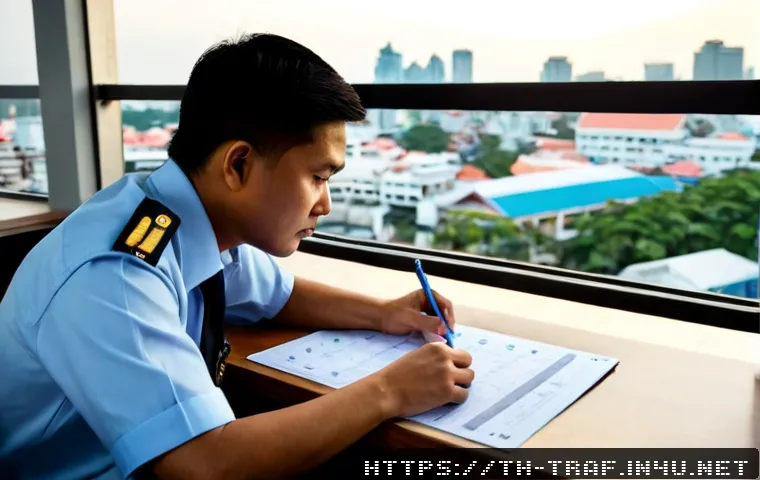 Home 17 교통직 공무원 자격증 시험 준비 사례 - Photorealistic Thai civil service transportation officer exam preparation scene, focused adult candi...